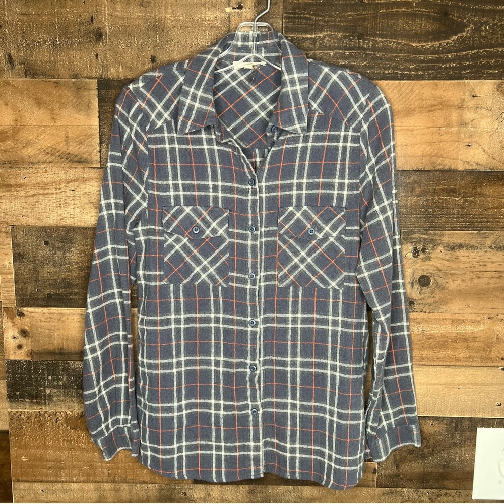 ENTRO Small Flannel Plaid Blue Women’s Top Button Up Long Sleeve